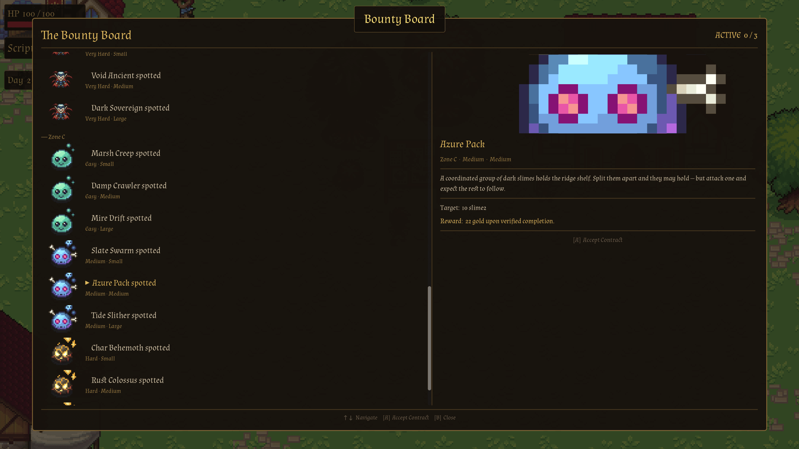 The Bounty Board: contracts across four zones. Quantities stay hidden from the player and the model.