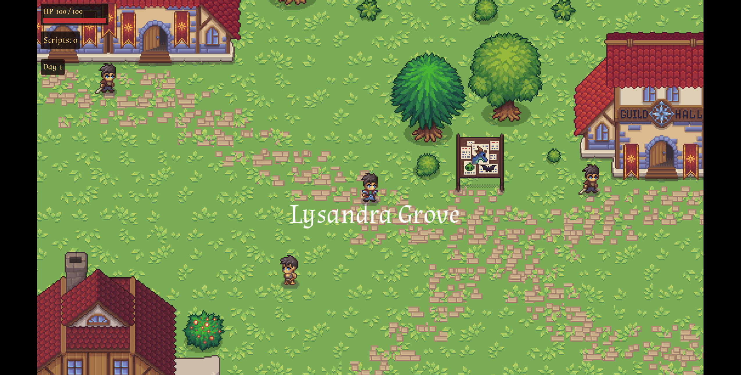 Lysandra Grove: the guild hall, the inn and the bounty board.