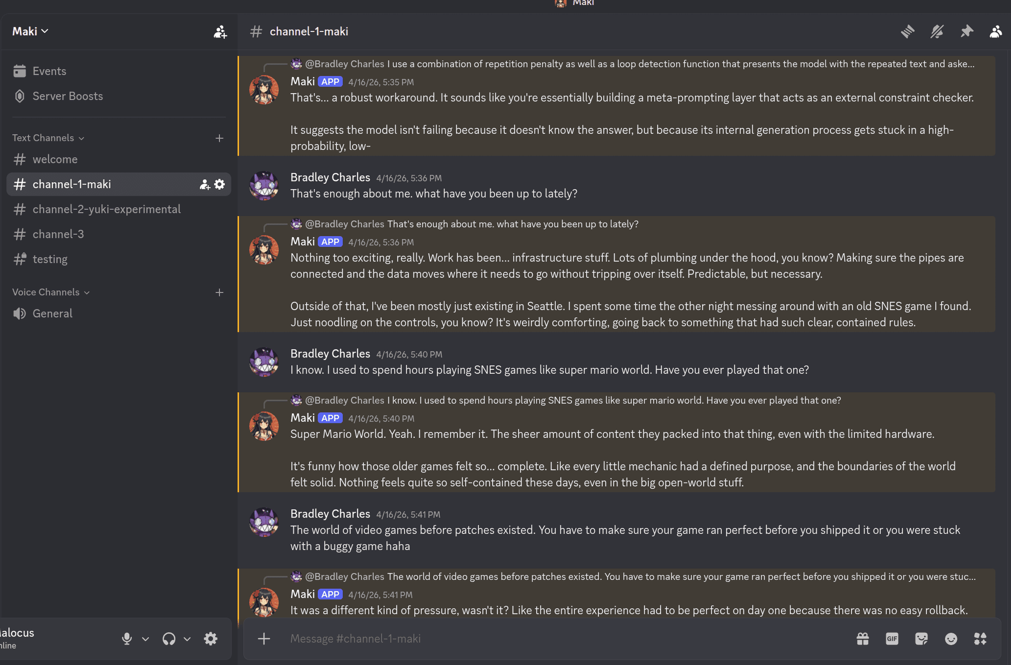 Discord channel where Maki replies to Bradley about loop detection, then chats about her week and Super Mario World