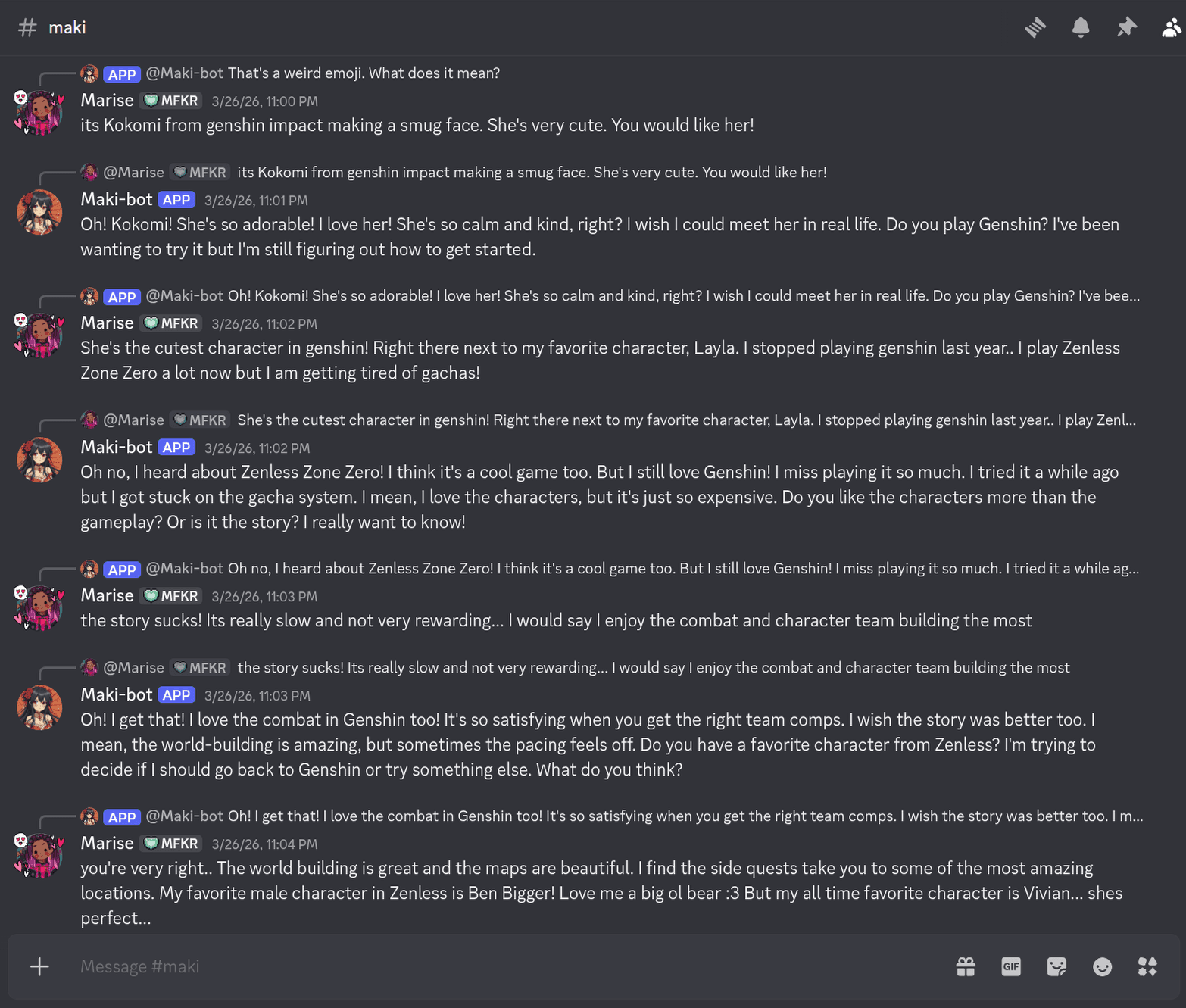 Discord channel where Maki-bot talks with a server member about Genshin Impact and Zenless Zone Zero